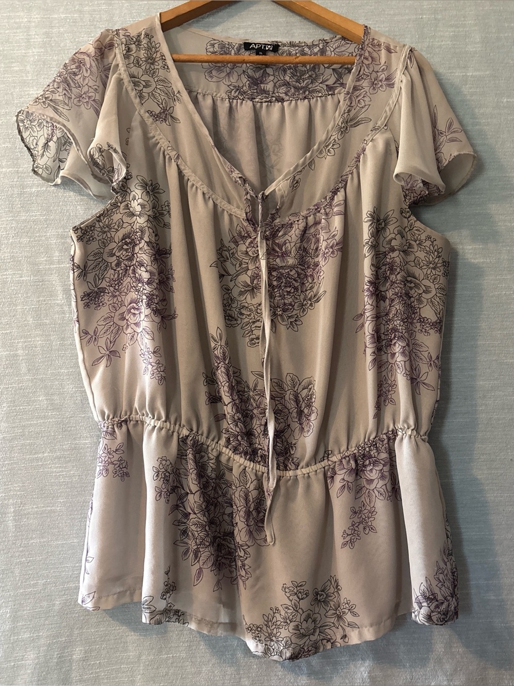 Apt. 9 Blouse Boho Short Sleeve Pullover V-Neck Gray/Purple Floral Women’s Sz XL